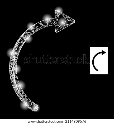 Bright mesh net rotate right icon with bright spots. Illuminated model is done from rotate right vector icon and crossed lines. Bright frame rotate right, on a black background.