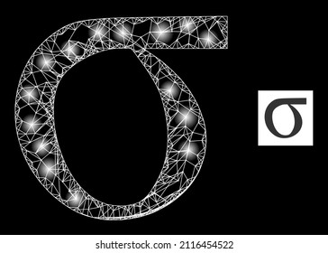 Bright mesh net Sigma Greek lowercase letter icon with magic spots. Illuminated constellation is created from Sigma Greek lowercase letter vector icon and crossed lines.