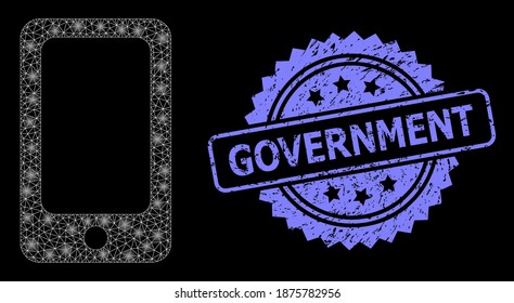 Teléfono inteligente con red de malla brillante brillante y sello de marca de rosette impuro del gobierno. Constelación vectorial iluminada creada a partir del icono del smartphone.