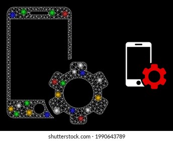 Bright mesh net smartphone repair gear with colored lightspots. Constellation vector frame created from smartphone repair gear pictogram. Sparkle constellation mesh smartphone repair gear,