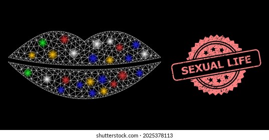 La sonrisa de la red de malla brillante labios con puntos brillantes, y la imitación del sello de rosette texturizado de Vida Sexual. Modelo vectorial iluminado creado a partir del símbolo de labios de sonrisa.
