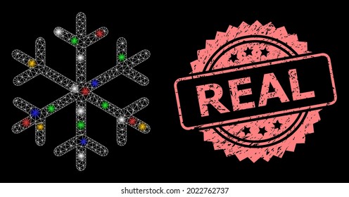 Bright mesh net snowflake with bright dots, and Real scratched rosette stamp seal. Illuminated vector mesh created from snowflake pictogram. Pink stamp contains Real tag inside rosette.