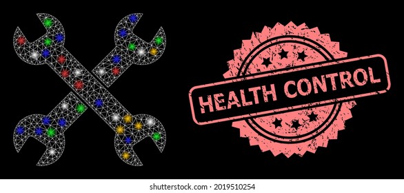 Helles Maschennetz mit Lichtflecken und mit Health Control korrodiertes Rosette-Siegel. Illuminierte Vektorgitter, die aus dem Icon der Messenger-Jalousien erstellt wurden. Rosa Siegel hat Health Control Text in Rosette.