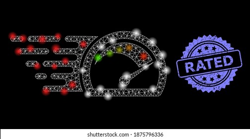 Bright mesh net speed gauge with light spots, and Rated rubber rosette seal imitation. Illuminated vector model created from speed gauge icon. Blue stamp seal has Rated caption inside rosette.