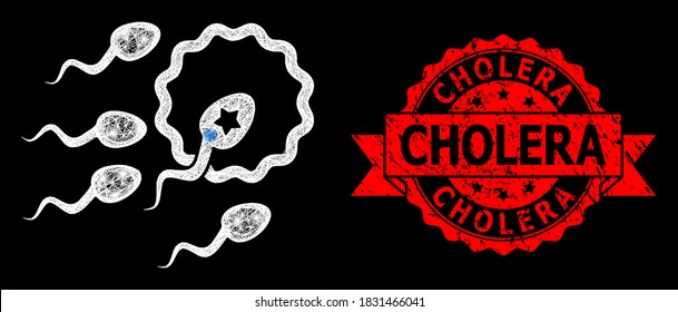 Bright mesh net sperm insemination with glowing spots, and Cholera rubber ribbon stamp seal. Red seal includes Cholera caption inside ribbon.