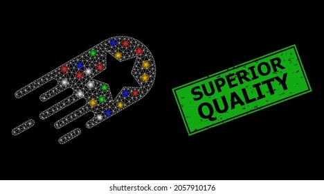 Bright mesh net star bolide with vibrant bright dots, and grunge Superior Quality seal. Green stamp has Superior Quality text inside framed rectangle.