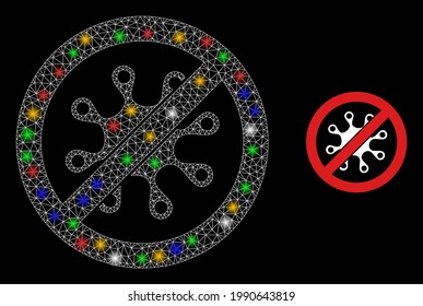 Helle Maschen-Netzstopfinfektion mit mehrfarbigen leuchtenden Flecken. Konstellation Vektornetz erstellt aus Stopp-Infektion Piktogramm. Sparkle Konstellation Mesh Stopp Infektion auf schwarzem Hintergrund.