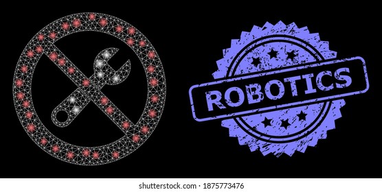 Bright mesh net stop repair with lightspots, and Robotics grunge rosette seal print. Illuminated vector constellation created from stop repair icon.
