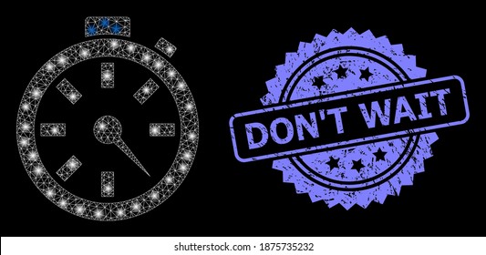 Bright Mesh Net Timer With Light Spots, And Don'T Wait Grunge Rosette Stamp Seal. Illuminated Vector Constellation Created From Timer Icon. Blue Stamp Seal Has Don'T Wait Caption Inside Rosette.