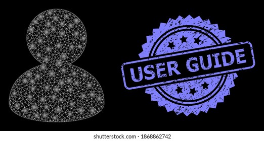 Helles Netz Benutzer mit Lichtpunkten und Benutzerhandbuch Gummirosette Stempel-Siegel. Illuminierte Vektorkonstellation, die aus dem Benutzersymbol erstellt wurde. Das blaue Stempelsiegel enthält das Benutzerhandbuch-Tag in Rosette.