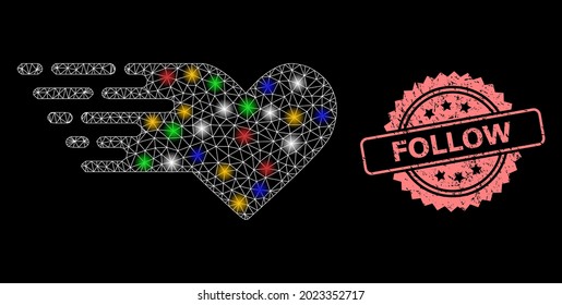Bright mesh net valentine heart with flash nodes, and Follow textured rosette stamp seal. Illuminated vector mesh created from valentine heart icon. Pink stamp contains Follow tag inside rosette.