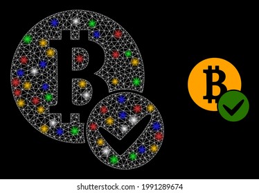 Bright mesh net valid bitcoin with multicolored lightspots. Illuminated vector mesh created from valid bitcoin pictogram. Sparkle frame mesh valid bitcoin, on a black backgound.