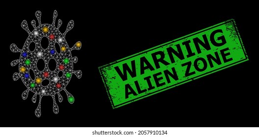 Bright mesh net virus egg with vibrant light dots, and grunge Warning Alien Zone seal. Green stamp seal contains Warning Alien Zone title inside framed rectangle.