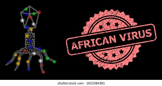 Bright mesh net virus with lightspots, and African Virus grunge rosette stamp seal. Illuminated vector structure created from virus icon. Pink stamp seal has African Virus caption inside rosette.