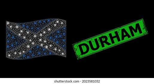 Bright mesh net waving Scotland flag with lightspots, and scratched Durham rectangle stamp. Green rectangle Durham grunge seal stamp.
