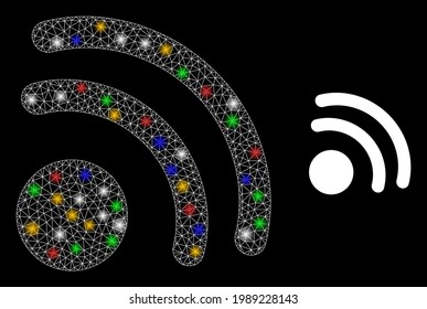 Punto de conexión inalámbrica a internet de malla brillante con puntos brillantes de color. Marco vectorial de constelación creado a partir del pictograma de punto de Internet inalámbrico. punto de conexión inalámbrica de malla de espuma,