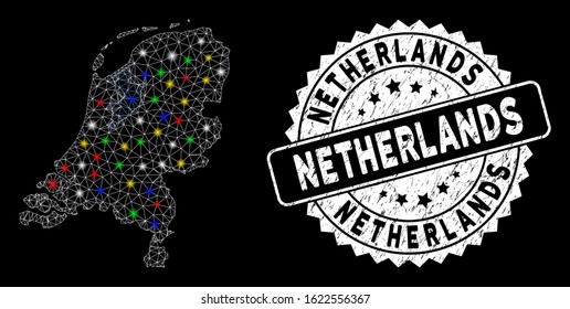 Bright mesh Netherlands map with glow effect, and seal stamp. Wire carcass polygonal Netherlands map mesh in vector format on a black background. White round stamp with grunge texture.