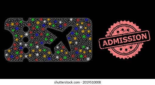 Bright mesh network air ticket with bright dots, and Admission rubber rosette seal print. Illuminated vector model created from air ticket icon. Pink stamp seal has Admission caption inside rosette.