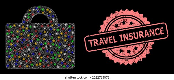 Bright mesh network baggage with light spots, and Travel Insurance corroded rosette stamp seal. Illuminated vector mesh created from baggage icon.