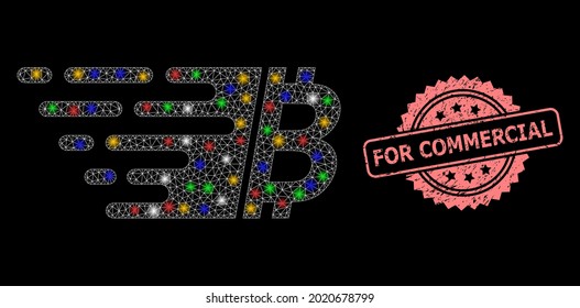 Helles Netz Bitcoin mit Blitzknoten und für handelsübliches Gummi Rosette Stempel-Siegel. Illuminierte Vektorgitter, die aus dem Bitcoin-Symbol hergestellt wurden.