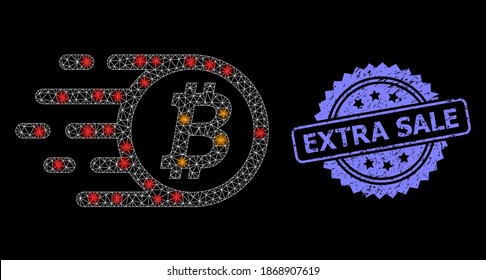 Maquina de red de malla brillante con manchas brillantes y rosette grunge Extra Sale. Modelo vectorial iluminado creado a partir del icono de bitcoin. El sello azul tiene el título Extra Sale dentro de la rosette.