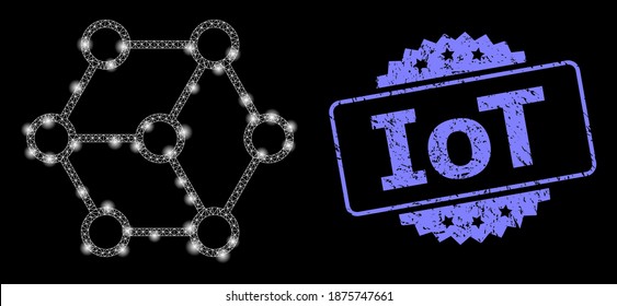 Bright mesh network blockchain nodes with glowing spots, and Iot unclean rosette seal. Illuminated vector model created from blockchain nodes icon. Blue seal has Iot title inside rosette.
