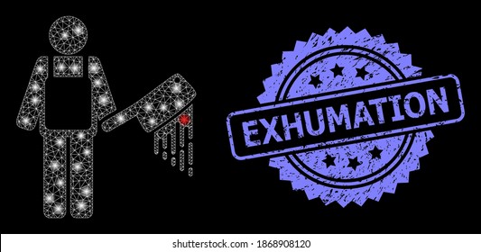 Bright mesh network bloody butcher with light spots, and Exhumation rubber rosette stamp seal. Illuminated vector constellation created from bloody butcher icon.
