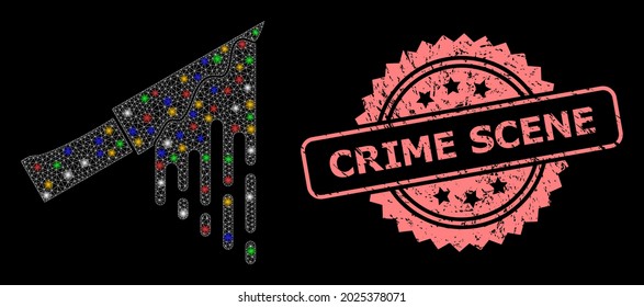 Bright mesh network bloody knife with lightspots, and Crime Scene textured rosette seal print. Illuminated vector mesh created from bloody knife icon.