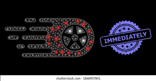 Bright mesh network bolide wheel with light spots, and Immediately unclean rosette seal. Illuminated vector constellation created from bolide wheel icon.