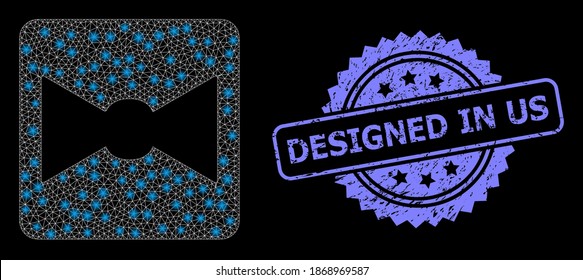 Red de malla brillante corbata de arco con manchas de luz, y estampado de rosetón de goma de Estados Unidos. Constelación vectorial iluminada creada a partir del icono de corbata de arco.
