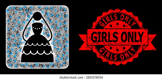 Bright mesh network bride with glowing spots, and Girls Only grunge ribbon stamp seal. Red stamp seal includes Girls Only text inside ribbon.