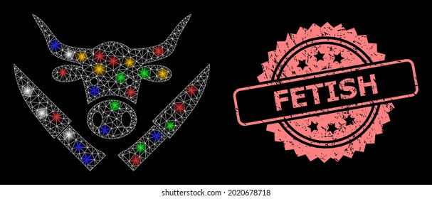 Bright mesh network butchery knives with light dots, and Fetish unclean rosette stamp. Illuminated vector constellation created from butchery knives pictogram.