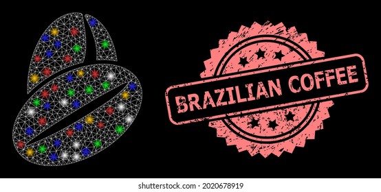 Bright mesh network cacao beans with bright dots, and Brazilian Coffee corroded rosette watermark. Illuminated vector mesh created from cacao beans pictogram.