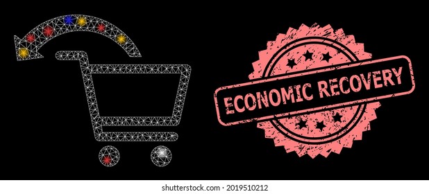 Bright mesh network cancel shopping order with bright dots, and Economic Recovery dirty rosette seal imitation. Illuminated vector mesh created from cancel shopping order icon.