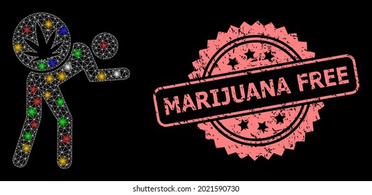 La red de malla brillante de mensajero de cannabis con focos de luz y el sello de rosette impuro de Marihuana Free. Constelación vectorial iluminada creada a partir del icono del mensajero de cannabis.