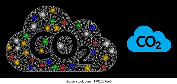 Bright mesh network carbon dioxide cloud with multi colored lightspots. Constellation vector framework created from carbon dioxide cloud symbol. Sparkle constellation mesh carbon dioxide cloud,
