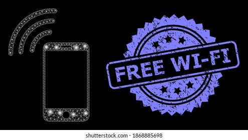 Señal de teléfono celular de red de malla brillante con focos de luz y sello de rosette impuro de Wi-Fi gratis. Modelo vectorial iluminado creado a partir del icono de señal de teléfono móvil.