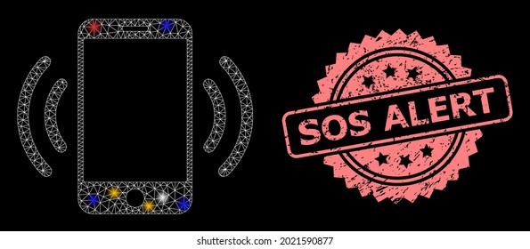 Bright mesh network cellphone vibration with light spots, and Sos Alert rubber rosette stamp seal. Illuminated vector structure created from cellphone vibration symbol.