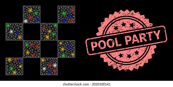 Bright mesh network chess cells with light spots, and Pool Party scratched rosette seal. Illuminated vector mesh created from chess cells icon.