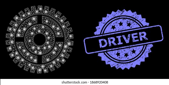 Bright mesh network clock wheel with light spots, and Driver corroded rosette seal print. Illuminated vector model created from clock wheel icon. Blue seal contains Driver title inside rosette.