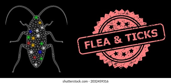 Bright mesh network cockroach with glowing spots, and Flea and Ticks dirty rosette seal imitation. Illuminated vector mesh created from cockroach symbol.