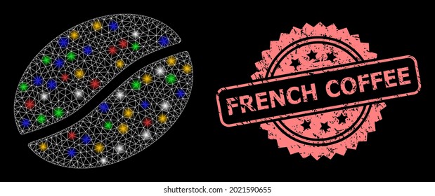 Red de malla brillante frijol de café con puntos brillantes y sello de rosette de goma de café francés. Malla vectorial iluminada creada a partir del pictograma de habas de café.