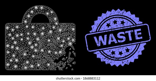 La red de malla brillante dañó el equipaje con manchas de luz y la marca de agua de rosette rasgada con desperdicios. Constelación vectorial iluminada creada a partir del icono del equipaje dañado.