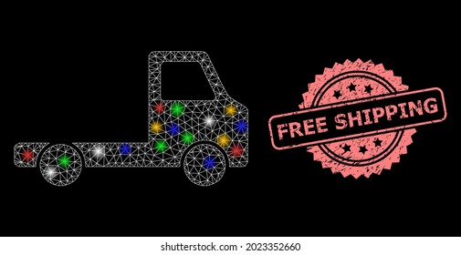 Bright mesh network delivery car chassi with light spots, and Free Shipping unclean rosette stamp. Illuminated vector mesh created from delivery car chassi pictogram.