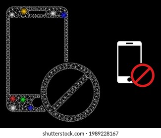 La red de malla brillante niega el smartphone con focos de luz de colores. Modelo vectorial de constelación creado a partir del icono negar smartphone. Malla de la constelación espumosa niega el smartphone, con un fondo negro.