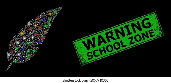 Bright mesh network feather with multicolored lightspots, and grunge Warning School Zone seal stamp. Green stamp seal contains Warning School Zone title inside framed rectangle.