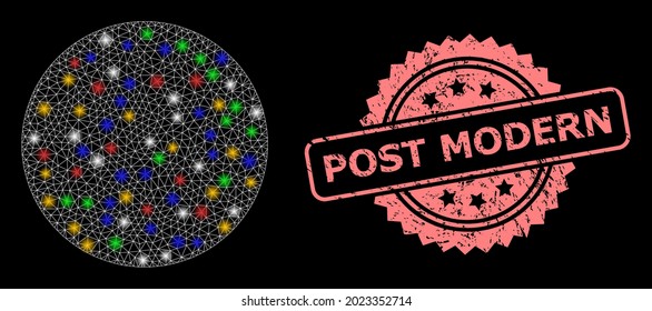 Bright mesh network filled circle with flash nodes, and Post Modern dirty rosette stamp seal. Illuminated vector structure created from filled circle icon.