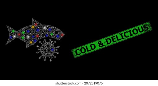 Bright mesh network fish flu virus with colored bright dots, and grunge Cold and Delicious seal. Green stamp contains Cold and Delicious title inside framed rectangle.