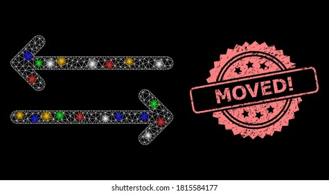 Bright mesh network flip arrows horizontally with lightspots, and Moved! rubber rosette stamp seal. Illuminated vector mesh created from flip arrows horizontally pictogram.