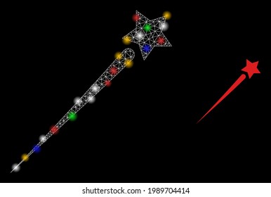 Helles Netz fliegender Stern mit farbigen leuchtenden Flecken. Illuminierter Vektorrahmen, erstellt aus fliegenden Sternbildern. Fliegender Stern mit glattem Rahmen auf schwarzem Hintergrund.
